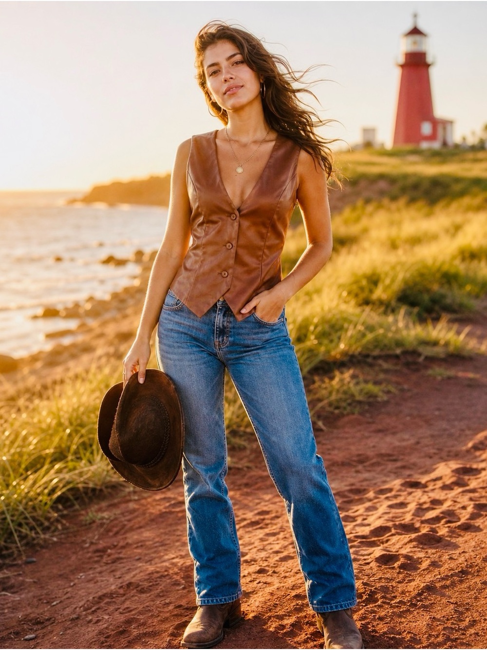 Brown Leather Button-Front Vest
